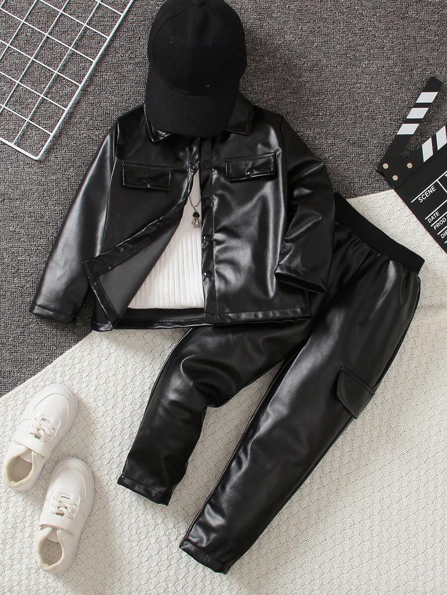 SHEIN Young Boy Flap Detail PU Jacket & Pants Without Tee Chic Outfits For Autumn/Winter - Black - View 1
