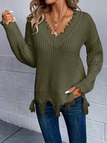 SHEIN LUNE Drop Shoulder Distressed Trim Sweater,Long Sleeve Tops Knit Pullover Fall Winter Sweater - Army Green - View 4