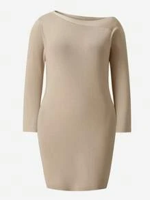 SHEIN Clasi Plus Solid Asymmetrical Neck Bodycon Sweater Dress - Khaki - View 1