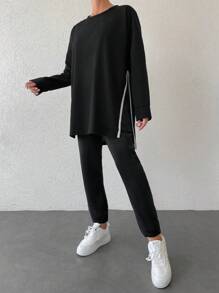 RueChic Áo thun dài tay xẻ tà màu đơn giản và quần ống đứng màu trơn 2 chiếc/bộ - màu đen - Xem 5
