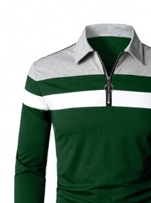 Men Colour Block Quarter Zip Polo Shirt - Dark Green - View 4