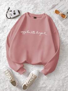 SHEIN LUNE 标语图案保暖内衬卫衣，适合毕业季、返校季、毕业典礼、教师节等场合，女士款，返校季套头衫，秋季卫衣 - 藕粉色 - 查看 1