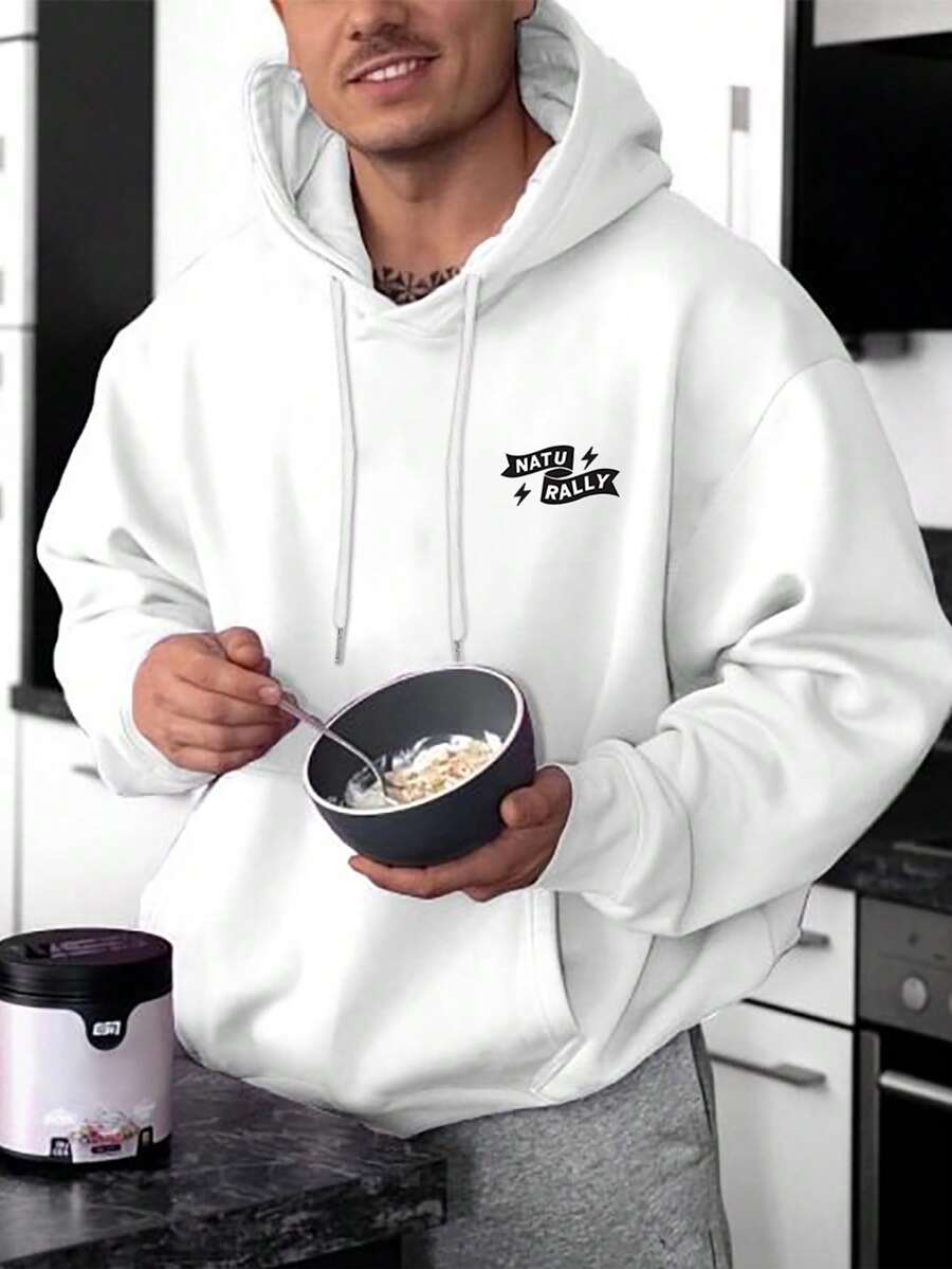 Men Plus Letter Graphic Kangaroo Pocket Drawstring Hoodie - White - View 1