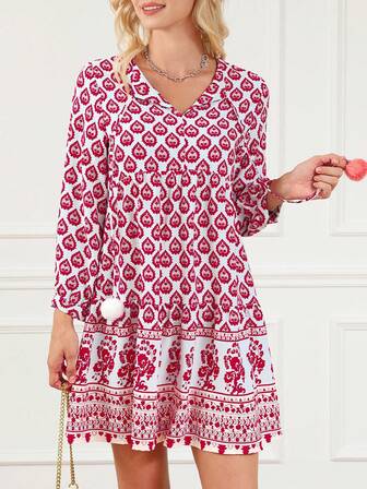 印花毛球邊波浪褶鬆緊裙