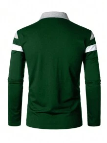 Men Colour Block Quarter Zip Polo Shirt - Dark Green - View 2
