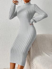 SHEIN Frenchy 高領燈籠袖條紋針織緊身洋裝不附腰帶 - 淺灰色 - 查看 5