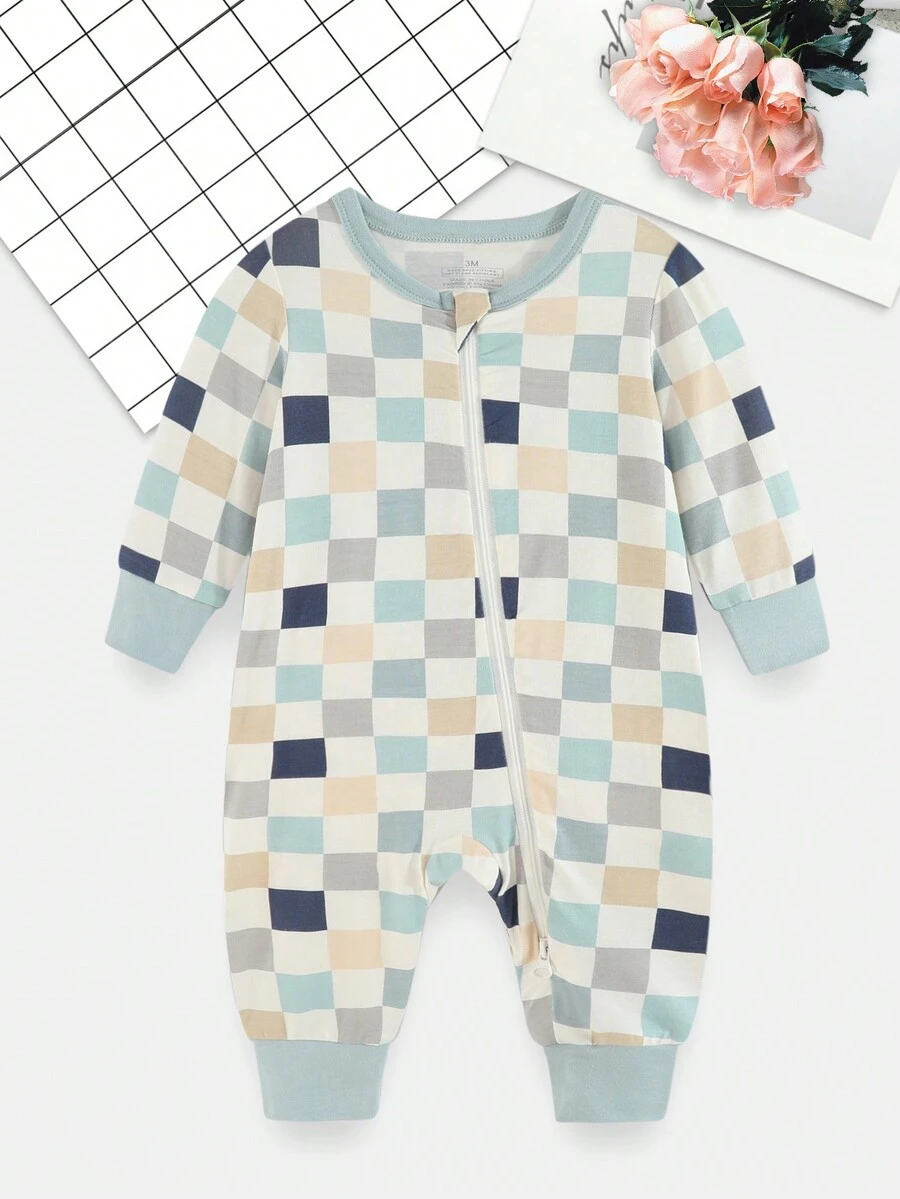 Baby Boy Checkerboard Print Zip Up Jumpsuit - Baby Blue - View 1