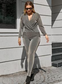 RueChic Plus Surplice Neck Drop Shoulder Top & Leggings - Beige - View 3