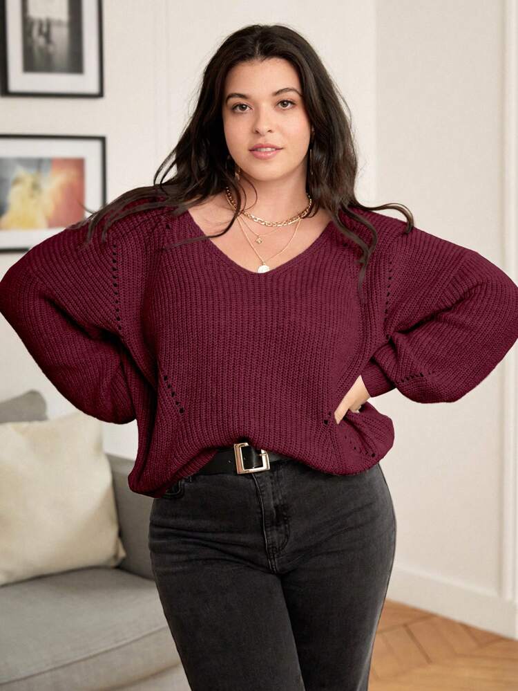 Plus Size Women's Solid Color V-Neck Hollow Out Long Sleeve Casual Commuter Versatile Burgundy Pullover Sweater, Autumn/Winter Fall Cloth For Women