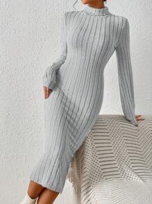 SHEIN Frenchy 高領燈籠袖條紋針織緊身洋裝不附腰帶 - 淺灰色 - 查看 4