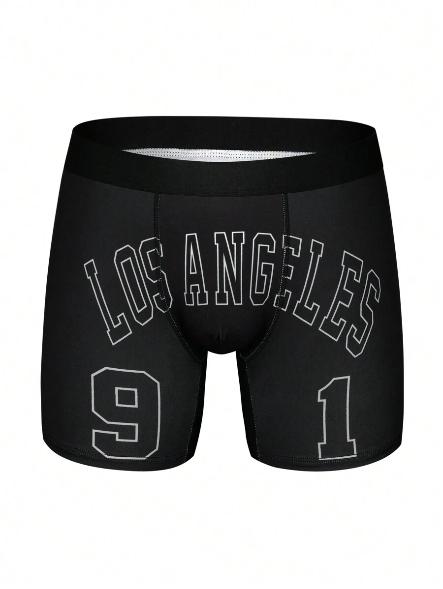Men's Black Sporty Letter Print High Stretch Fabric Trunks With Tape Detail - Black - View 1