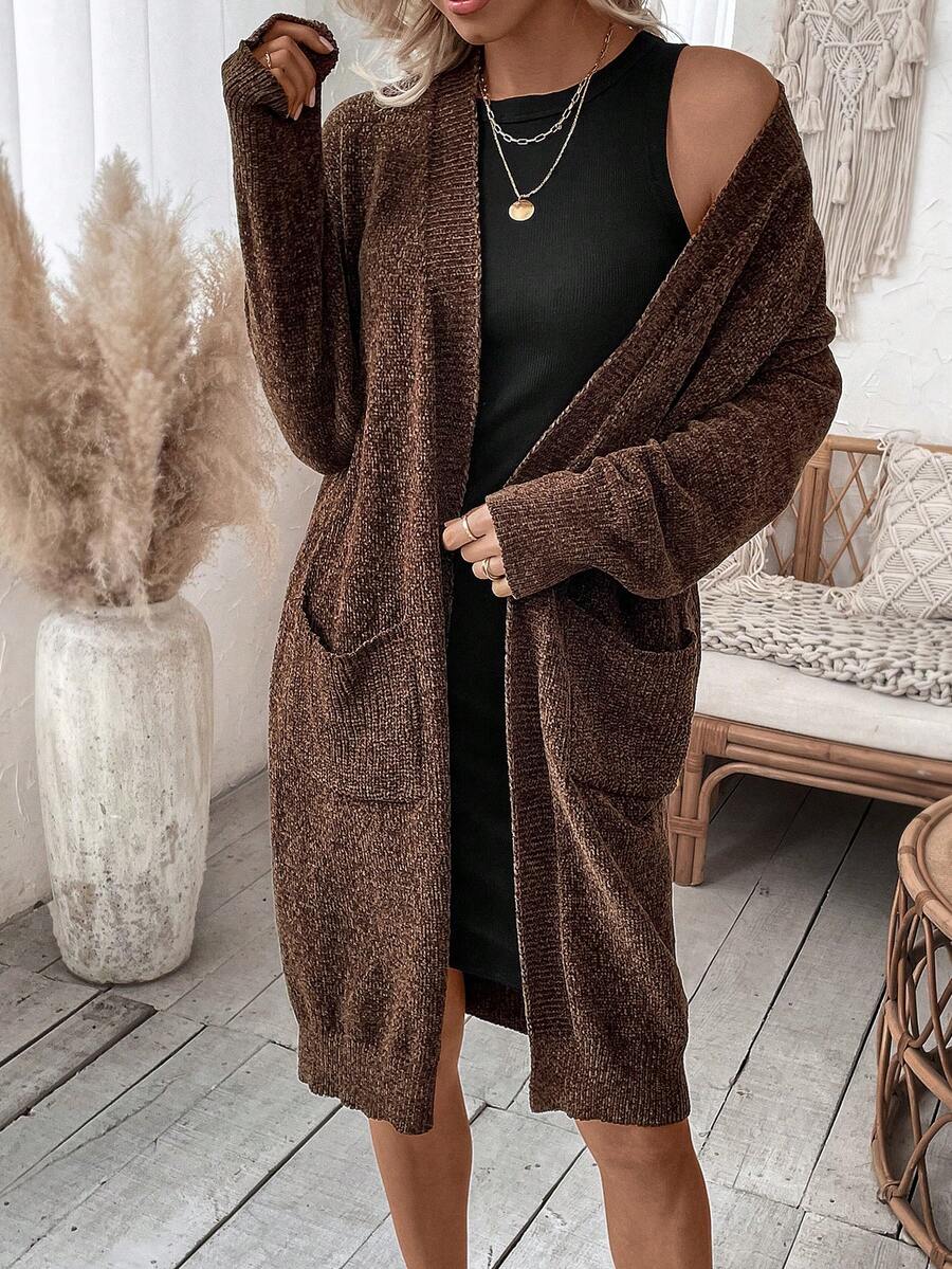 SHEIN Essnce Áo khoác cardigan thả vai hai túi - màu nâu - Xem 1