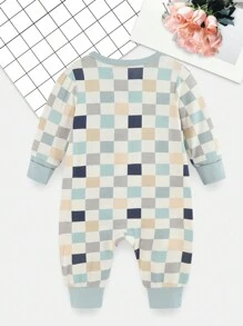 Baby Boy Checkerboard Print Zip Up Jumpsuit - Baby Blue - View 2