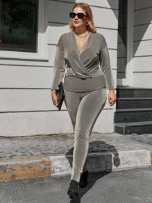 RueChic Plus Surplice Neck Drop Shoulder Top & Leggings - Beige - View 1