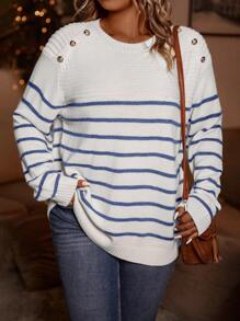 SHEIN LUNE Hơn Mẫu sọc Chi tiết Nút Tay Raglan Áo len - Màu xanh lam - Xem 1