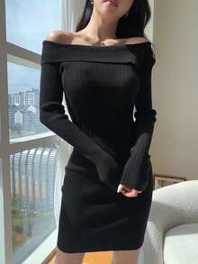 Dazy Star Vestido de punto ajustado doblado de hombros descubiertos - Negro - Ver 3