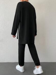 RueChic Áo thun dài tay xẻ tà màu đơn giản và quần ống đứng màu trơn 2 chiếc/bộ - màu đen - Xem 2