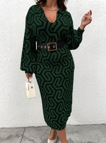 SHEIN Clasi Plus Geo Pattern Drop Shoulder Sweater Dress, For Winter - Multicolor - View 4