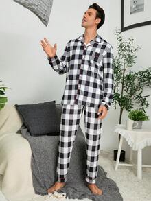 Men Plaid Print Contrast Piping PJ Set / Pajama Set - Black and White - View 3