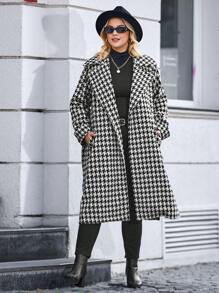 RueChic Plus Houndstooth Print Belted Overcoat - Black and White - View 3