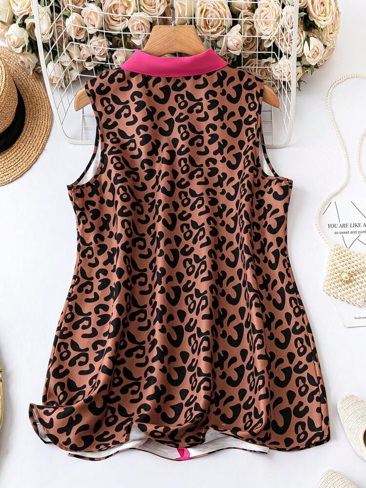 Plus Leopard Print Contrast Trim Vest Coat