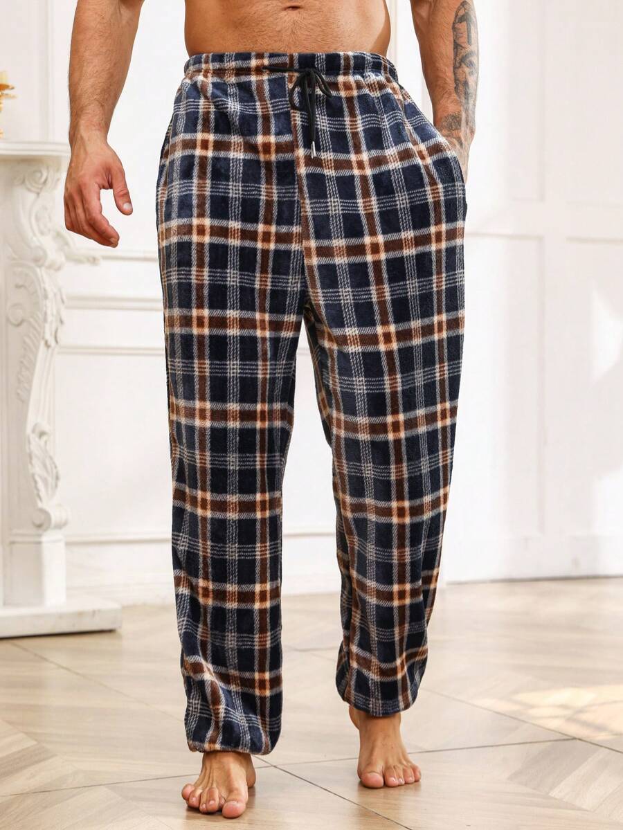 Men Plaid Print Drawstring Waist Sleep Pants - Multicolor - View 1