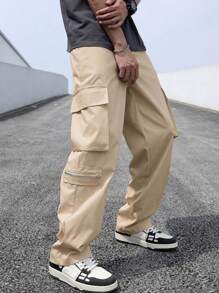 Manfinity EMRG Pantalones Cargo Holgado Para Hombres Con Bolsillo De Solapa Y Bolsillos Laterales - Caqui - Ver 1