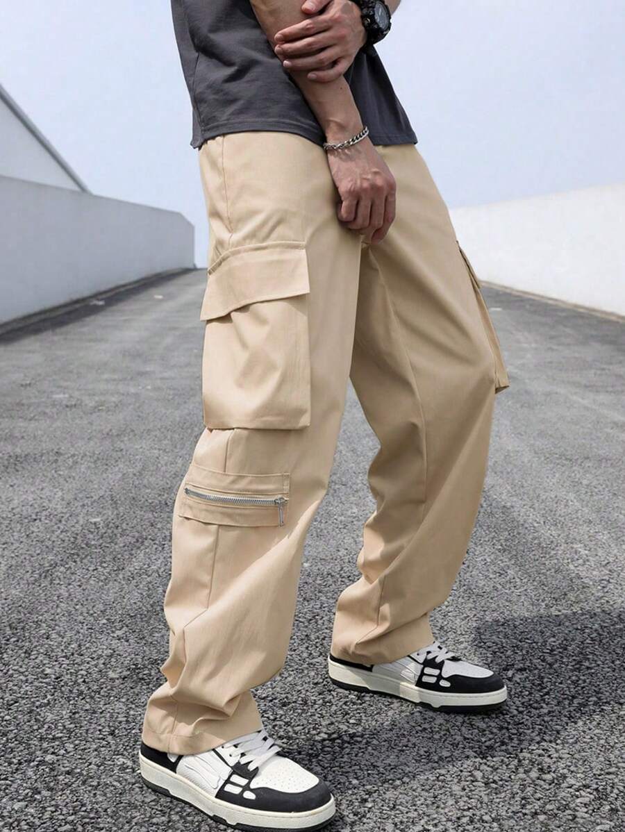 Manfinity EMRG Pantalones Cargo Holgado Para Hombres Con Bolsillo De Solapa Y Bolsillos Laterales - Caqui - Ver 1