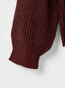 SHEIN LUNE Plus Cable Knit Drop Shoulder Hooded Cardigan - Burgundy - View 5