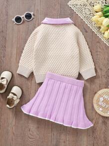 Baby Girl Contrast Collar Raglan Sleeve Sweater & Knit Skirt - Purple - View 2