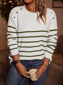 SHEIN LUNE 大碼條紋圖案紐扣細節套頭毛衣 - 墨綠色 - 查看 1