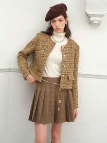 Plaid Print Pleated Skirt - Coffee Brown - View 5