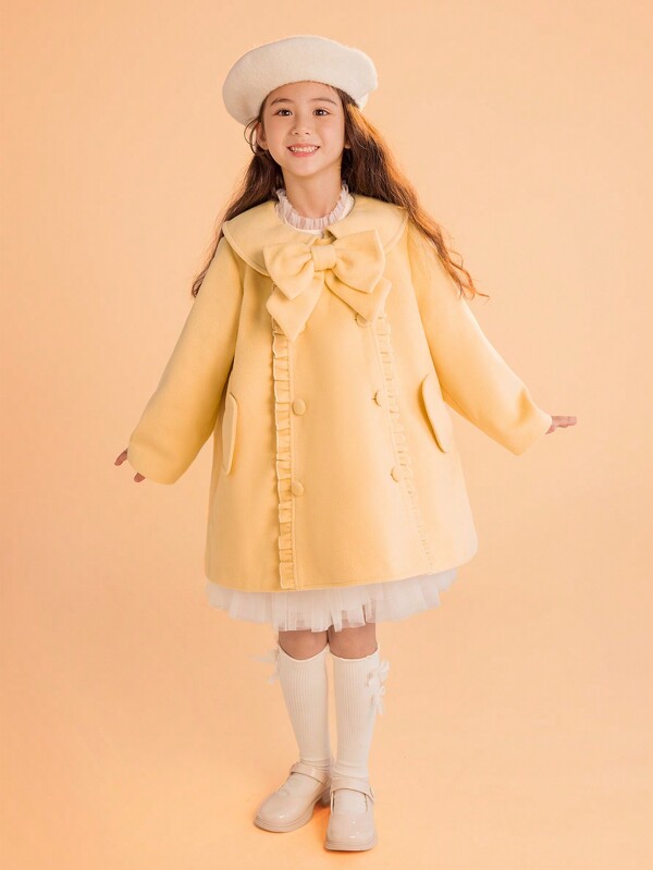 Tween Girl Statement Collar Ruffle Trim Bow Front Overcoat