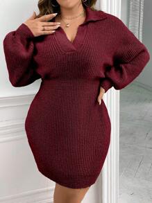 SHEIN Clasi Plus Drop Shoulder Ribbed Knit Sweater Dress - Burgundy - View 6