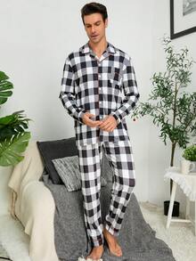 Men Plaid Print Contrast Piping PJ Set / Pajama Set - Black and White - View 4