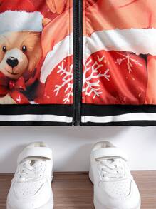 SHEIN Tween dziewczynka Grafika rysunkowa Pasiaste wykończenie Kurtka bomberka Bez swetra Dla Boże Narodzenie