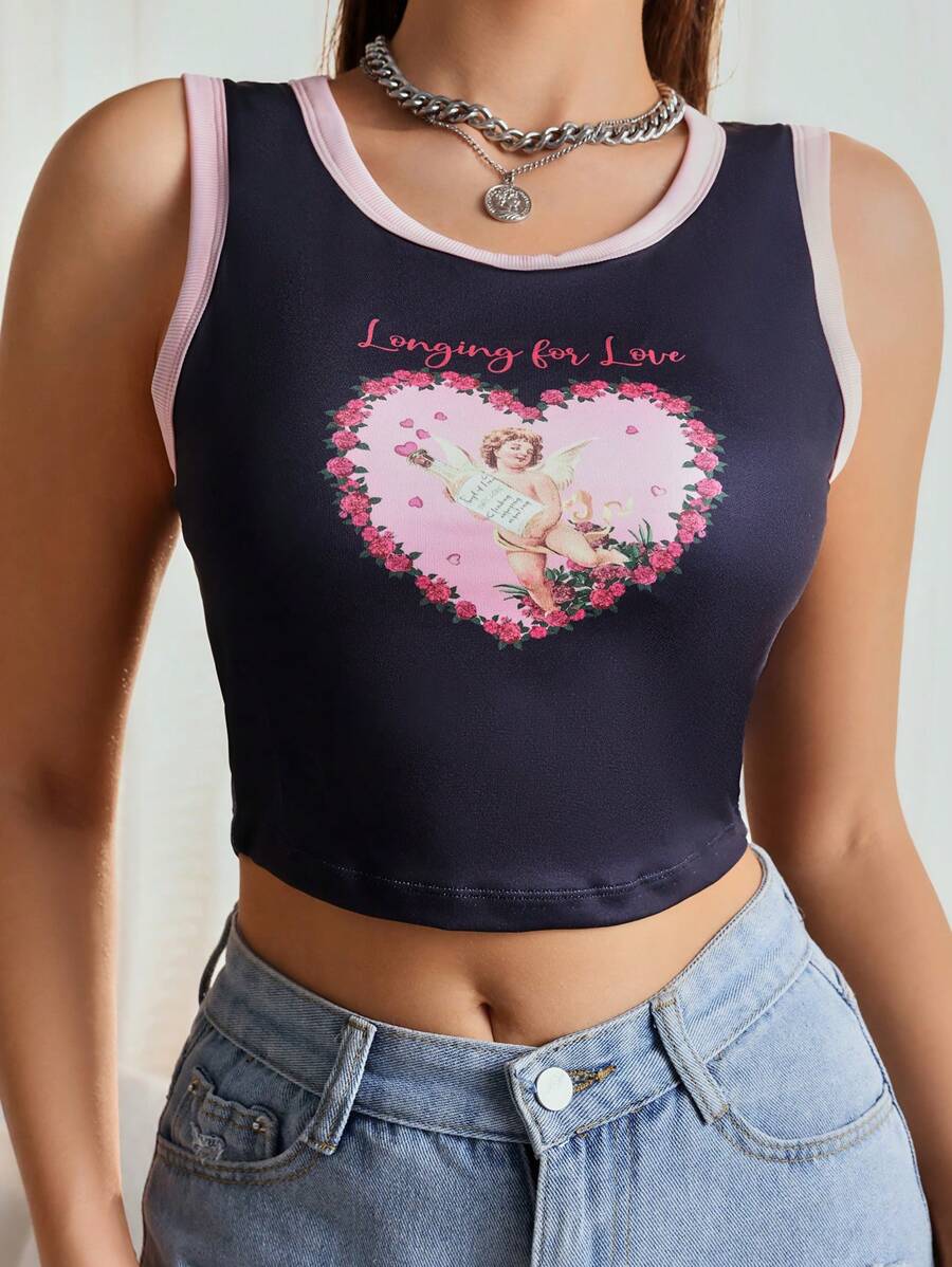 SHEIN Đồ họa Hình & Khẩu hiệu Tương phản ràng buộc Crop Tank Top - màu đen - Xem 1