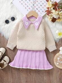 Baby Girl Contrast Collar Raglan Sleeve Sweater & Knit Skirt - Purple - View 1