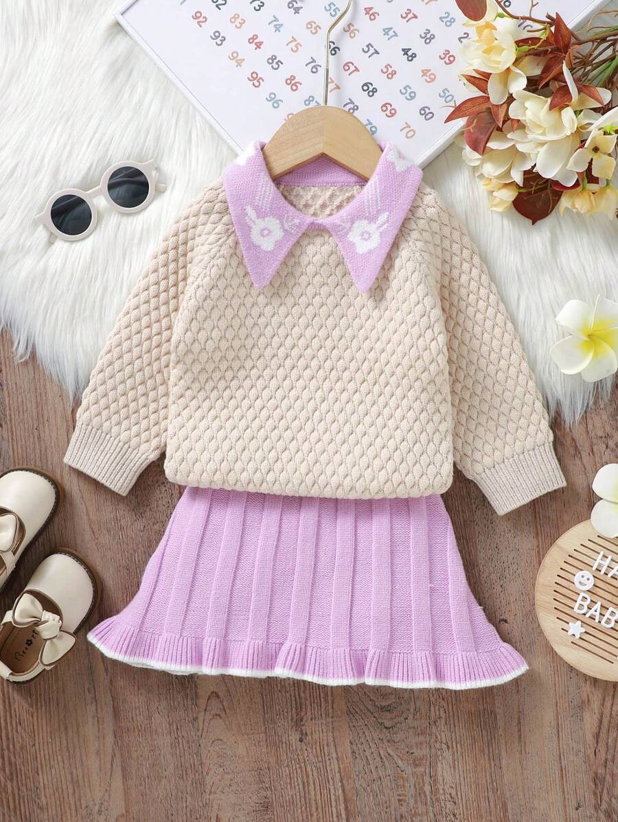 Baby Girl Contrast Collar Raglan Sleeve Sweater & Knit Skirt - Purple - View 1