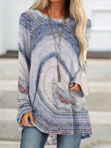 圖案印花插肩袖高低下擺T恤 - 淺灰色 - 查看 1