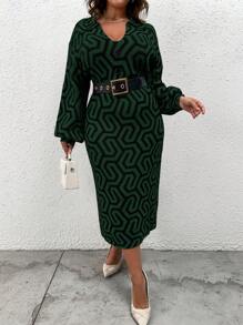 SHEIN Clasi Plus Geo Pattern Drop Shoulder Sweater Dress, For Winter - Multicolor - View 5