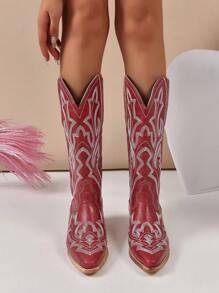 ROMWE Fairycore Women Stitch Detail Slip On Western Boots, Cool Outdoor Fashion Boots - Red - View 3