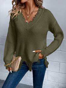 SHEIN LUNE Drop Shoulder Distressed Trim Sweater,Long Sleeve Tops Knit Pullover Fall Winter Sweater - Army Green - View 3