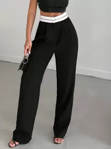 EURMUSE Contrast Waistband Waist Straight Leg Suit Pants - Black - View 3
