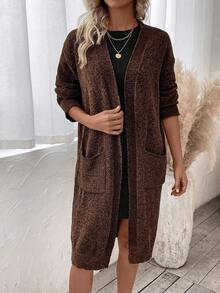 SHEIN Essnce Áo khoác cardigan thả vai hai túi - màu nâu - Xem 6