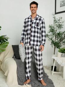 Men Plaid Print Contrast Piping PJ Set / Pajama Set - Black and White - View 1