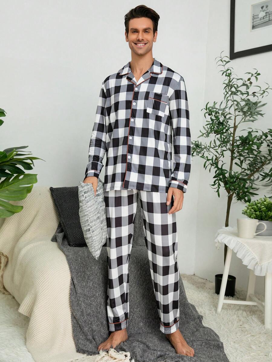 Men Plaid Print Contrast Piping PJ Set / Pajama Set - Black and White - View 1