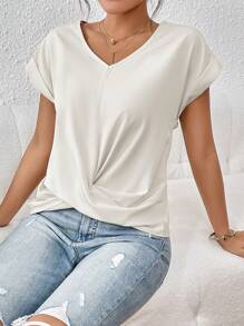 SHEIN Frenchy 素色前扭結蝙蝠袖襯衫 - 白色 - 查看 5