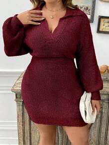 SHEIN Clasi Plus Drop Shoulder Ribbed Knit Sweater Dress - Burgundy - View 5