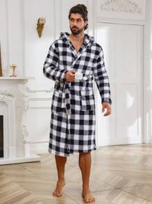 男士格子圖案連帽附腰帶睡袍 - 彩色 - 查看 6